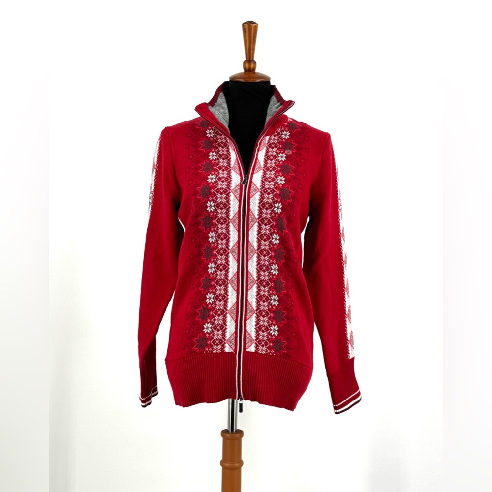 Eddie Bauer Red Snowflake Full Zip Combed Cotton Cardigan Sweater Size M NWT